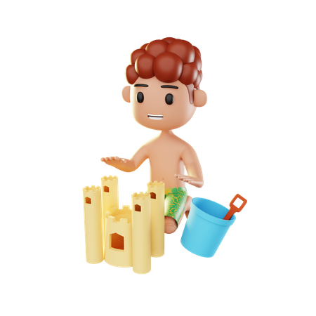 Man relaxing on the beach playing sand castle  3D Icon