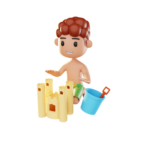 Man relaxing on the beach playing sand castle  3D Illustration