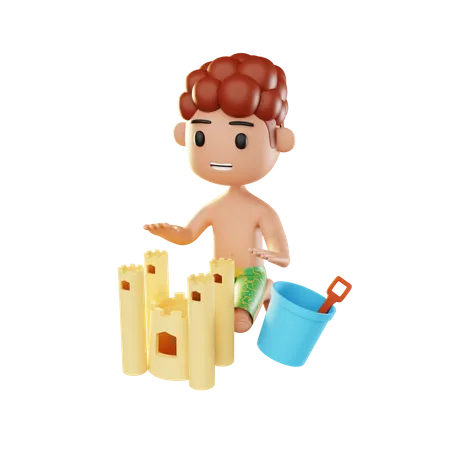 Man relaxing on the beach playing sand castle  3D Illustration