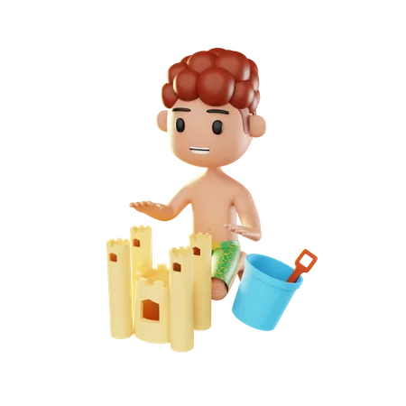 Man relaxing on the beach playing sand castle 3D Illustration