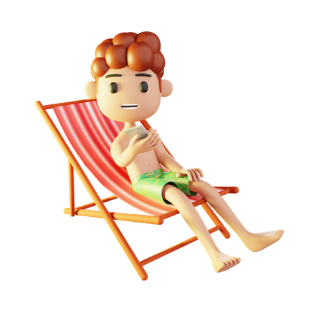 Man relaxing on the beach playing with smartphone  3D Illustration