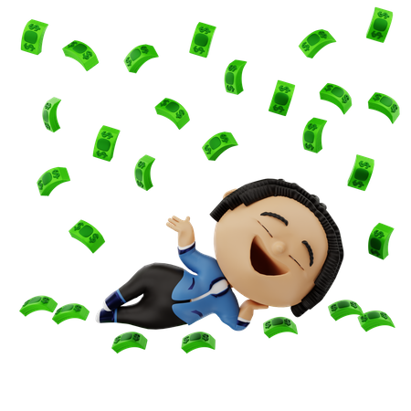 Man relaxing with money rain 3D Illustration