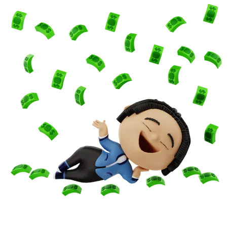 Man relaxing with money rain 3D Illustration