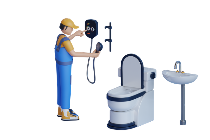 Man Repairing And Replacing Shower Faucet In Bathroom  3D Icon