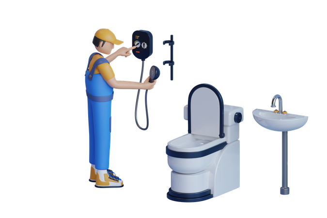 Man Repairing And Replacing Shower Faucet In Bathroom  3D Illustration