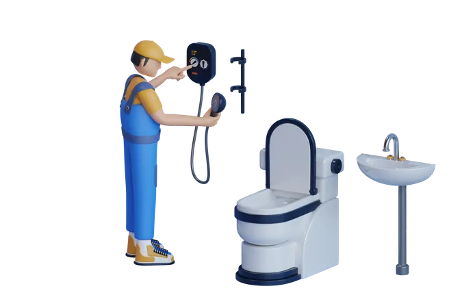 Man Repairing And Replacing Shower Faucet In Bathroom  3D Illustration