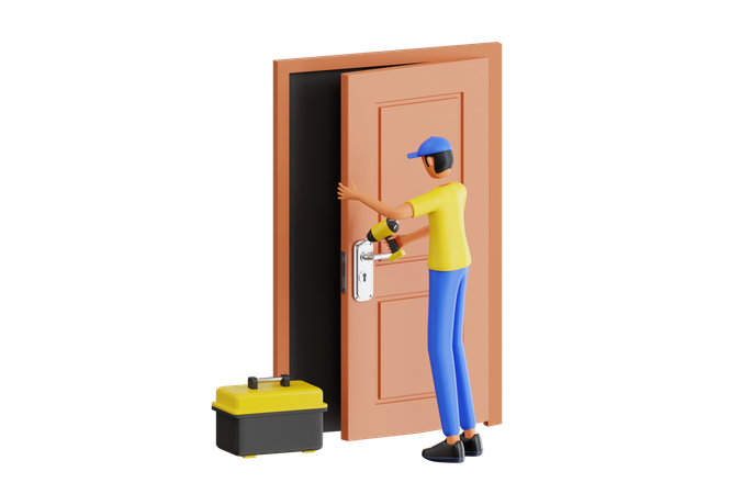 Man Repairing Door  3D Illustration
