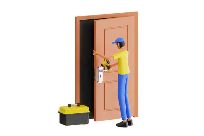 Man Is Repairing The Door 3 D Illustration Door Service 3 D Illustration 3D Illustration