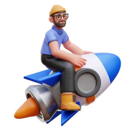 Man Ride Rocket  3D Illustration