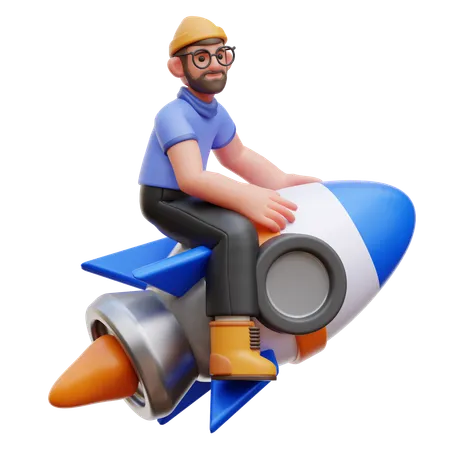 Man Ride Rocket  3D Illustration