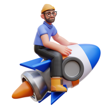 Man Ride Rocket  3D Illustration