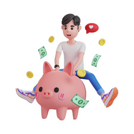 Man Riding A Piggy Bank  3D Illustration