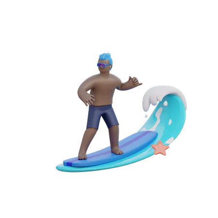 Man Riding a Wave  3D Illustration