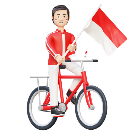 Man riding bicycle with indonesia flag  3D Icon
