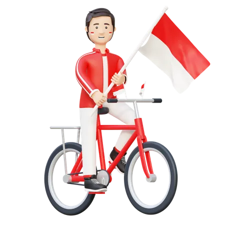 Man riding bicycle with indonesia flag  3D Illustration