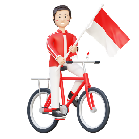 Man riding bicycle with indonesia flag  3D Illustration