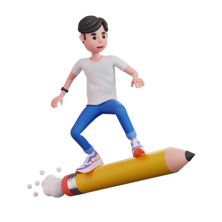 Man Riding Big Pencil  3D Illustration