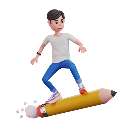 Man Riding Big Pencil  3D Illustration