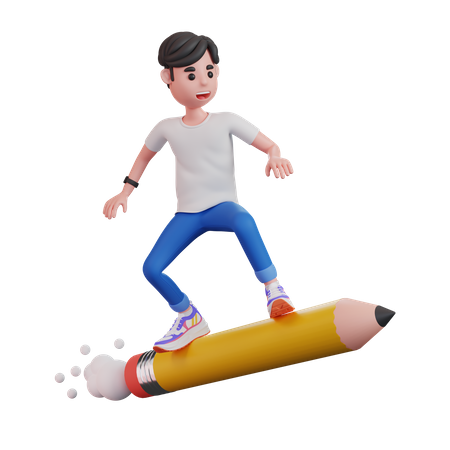 Man Riding Big Pencil  3D Illustration