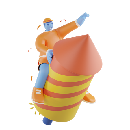 Man riding fireworks rocket  3D Illustration