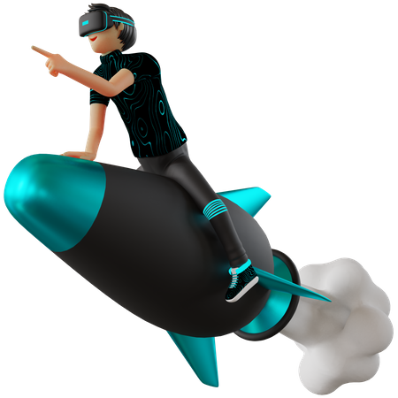 Man riding on rocket in metaverse  3D Illustration