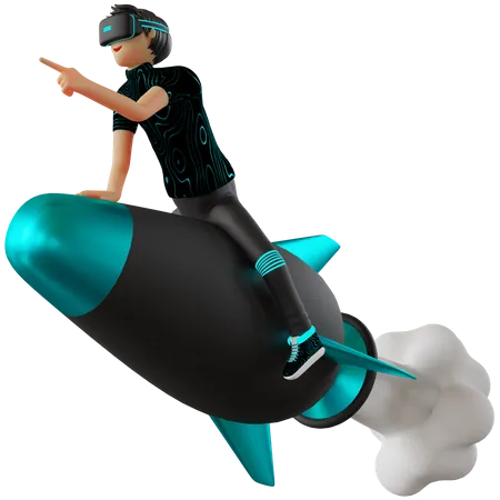 Man riding on rocket in metaverse  3D Illustration