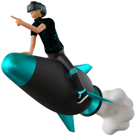 Man riding on rocket in metaverse 3D Illustration