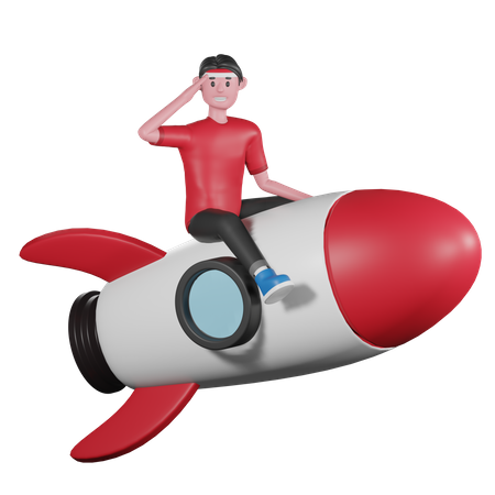 Man Riding Rocket and Giving a Salute  3D Illustration