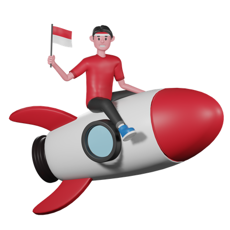 Man Riding Rocket and Holding Indonesia Flag  3D Icon