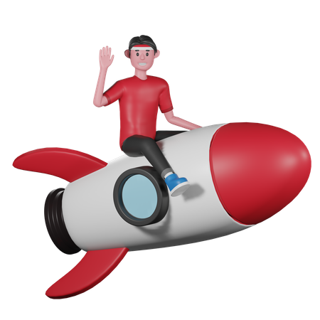 Man Riding Rocket and Saying Hello  3D Icon
