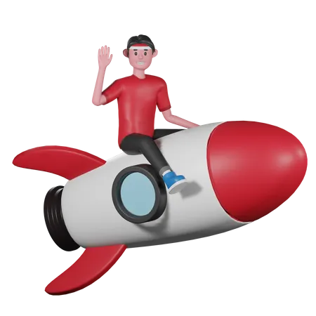 Man Riding Rocket and Saying Hello  3D Illustration