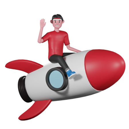 Man Riding Rocket and Saying Hello 3D Illustration