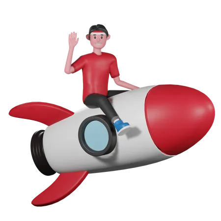 3 D Character Of Indonesia Man Riding Rocket And Saying Hello 3D Illustration
