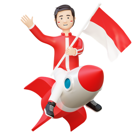 Man riding rocket with indonesia flag  3D Illustration