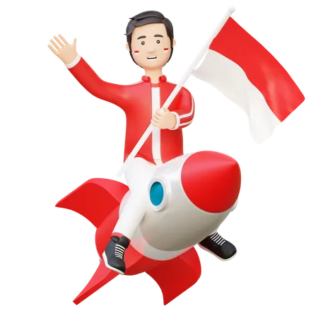 Indonesia Man Riding Rocket While Holding Indonesia Flag Celebrating Independence Day 3 D Cartoon Illustration 3D Illustration