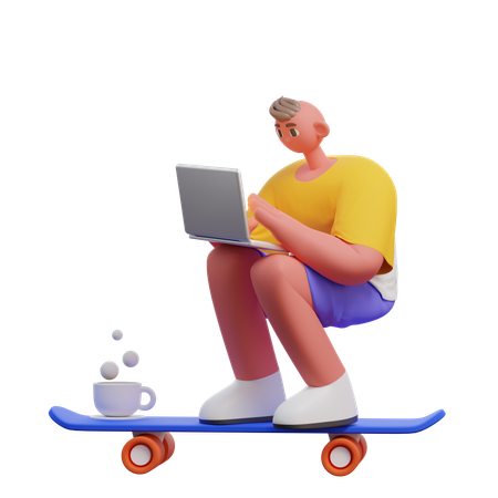 Man Riding Skateboard Chasing Deadline  3D Illustration