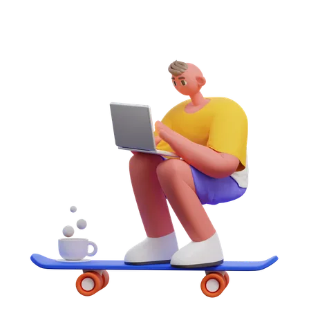 3 D Man Riding A Skateboard Chasing A Deadline 3D Illustration