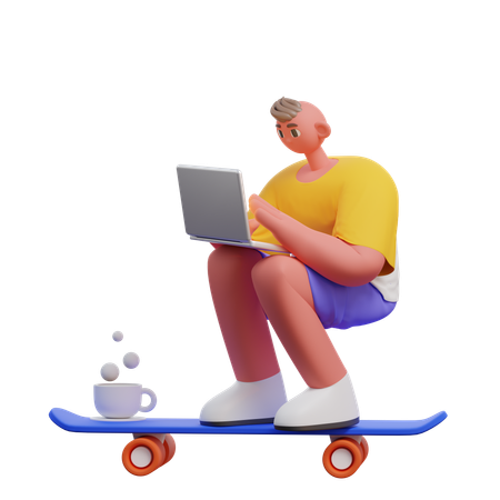 Man Riding Skateboard Chasing Deadline  3D Illustration