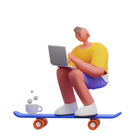 Man Riding Skateboard Chasing Deadline  3D Illustration