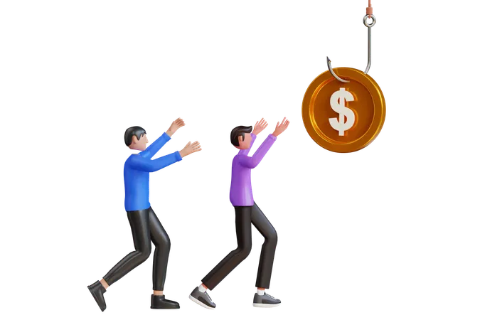 Man Running For Money On Fishing Hook Trap  3D Illustration