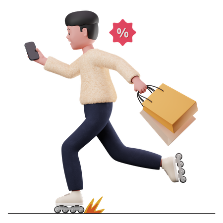 Man running for shopping with shopping bag  3D Illustration