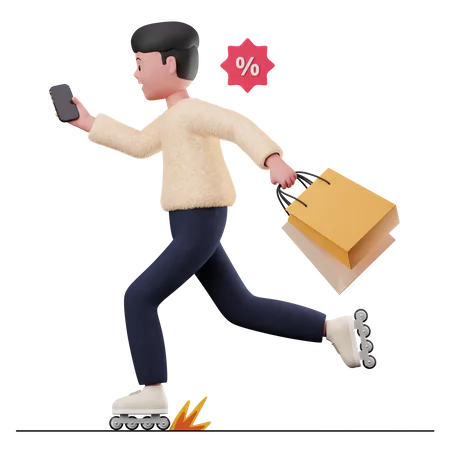 Man running for shopping with shopping bag  3D Illustration