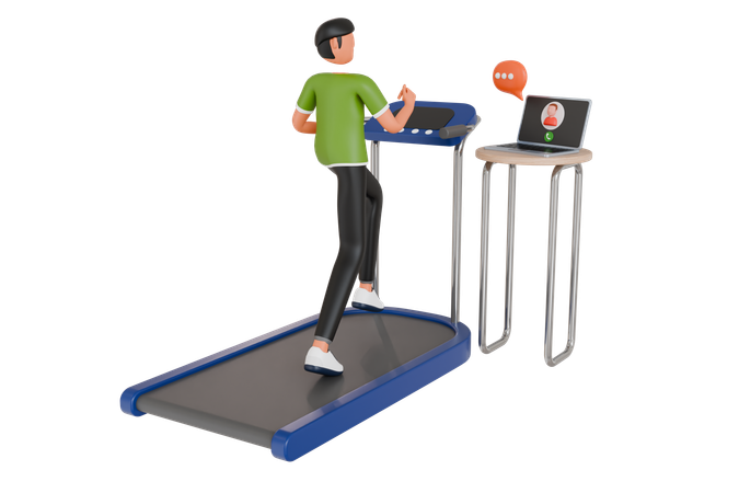 Man Running On Treadmill While Attending Online Meeting  3D Illustration