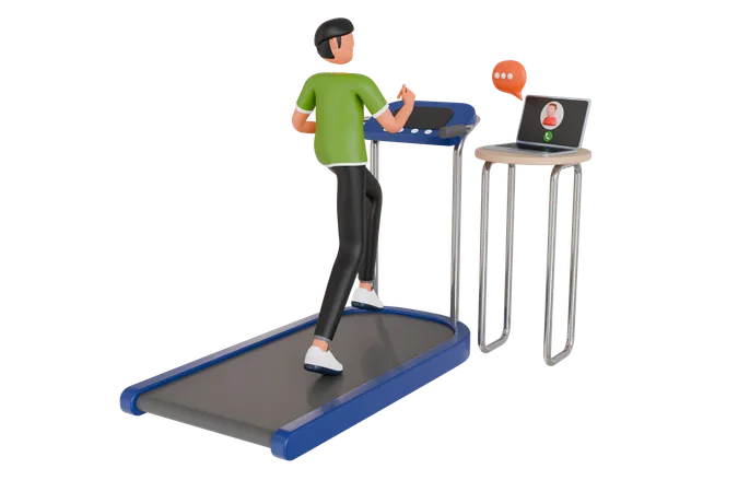 Man Running On Treadmill While Attending Online Meeting 3 D Illustration 3D Illustration