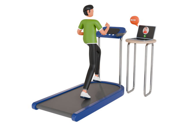Man Running On Treadmill While Attending Online Meeting  3D Icon