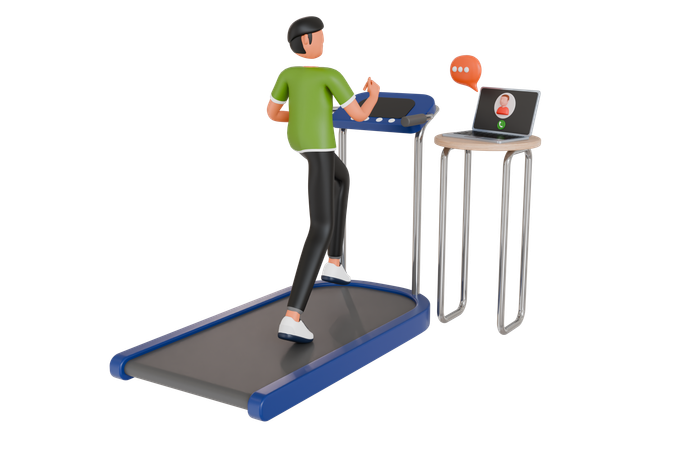 Man Running On Treadmill While Attending Online Meeting  3D Illustration