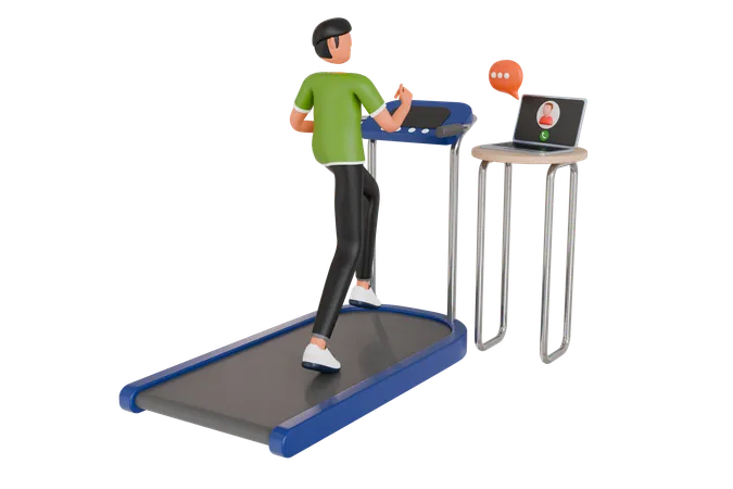 Man Running On Treadmill While Attending Online Meeting  3D Illustration