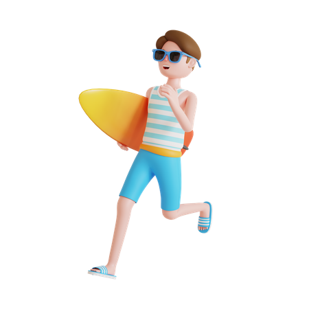 Man running to do surfing 3D Illustration