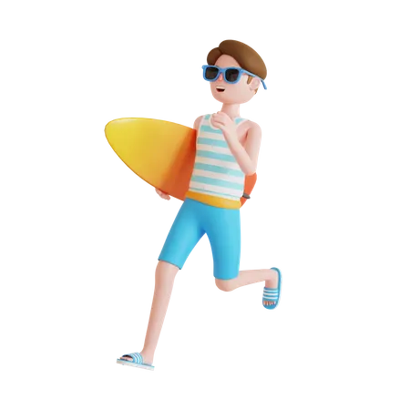 Man running to do surfing 3D Illustration
