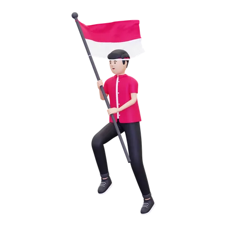 Man running while carrying Indonesian flag  3D Icon